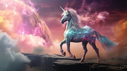 Obraz na płótnie Canvas Realistic magical, mythical winged pegasus unicorn horse fantasy background. AI generated image