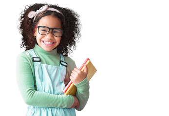 Portrait, child and happy student with books for education, study or learning isolated on a transparent png background. Face, glasses and school girl, nerd or geek with notebook for reading knowledge - obrazy, fototapety, plakaty