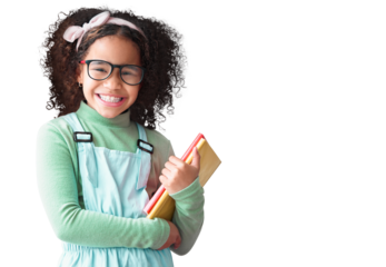 Portrait, child and happy student with books for education, study or learning isolated on a transparent png background. Face, glasses and school girl, nerd or geek with notebook for reading knowledge