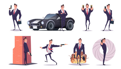 Cartoon elegant secret agent. Charming handsome character spy, special detective or undercover policeman, bodyguards or security guard, man in formal suit with gun, running and hiding, attack.