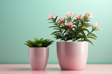 Pastel green office desk with a pastel pink plant pot, celebrating the balance of work and nature, Generative AI