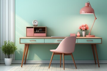 Pastel mint green office desk with a pastel pink desk lamp, infusing a touch of warmth and personality into the workspace, Generative AI