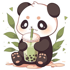 Panda drinks Boba Bubble Tea Kawaii Chibi transparent Background