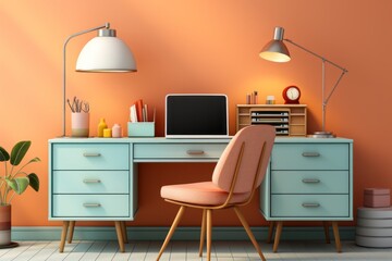 Pastel orange office desk with a pastel blue desk lamp, creating a dynamic and inspiring workspace, Generative AI