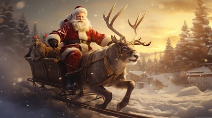 Rendering Santa flies his reindeer drawn sleigh against snow covered trees winter. AI generated - obrazy, fototapety, plakaty