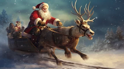 Fotobehang Rendering Santa flies his reindeer drawn sleigh against snow covered trees winter. AI generated © saifur