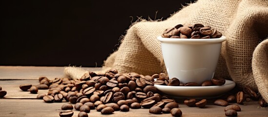 A still life composition featuring a wooden and hemp sack as the background with coffee beans and a...