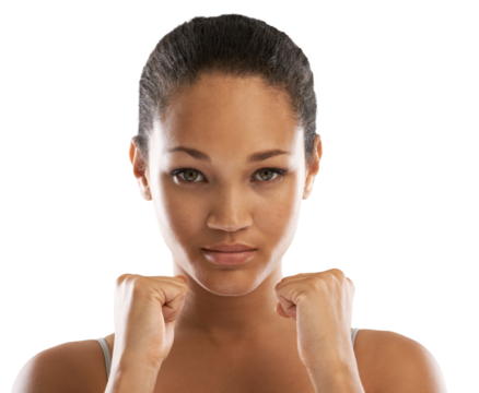 Fist, fitness and portrait of woman with fight sign on isolated, transparent and png background. Power, hands and face of lady boxer with warning, gesture and mindset for training, exercise or battle