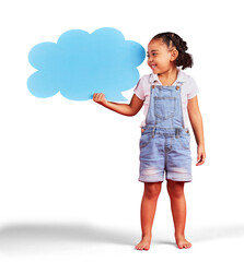 Child, happy or speech bubble for ideas, opinion or news space isolated on transparent, png...