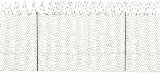 A wire mesh lattice forms the basis of the barrier, enhanced with barbed wire on the top to prevent unauthorized climbing attempts.
