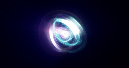 Abstract blue rings spheres from energy magic waves of smoke circles and glowing lines on a black background
