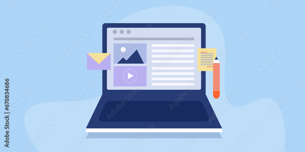 Poster digital text and visual content creation and publishing on internet blog, e-business marketing strat