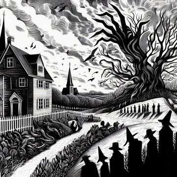 A black and white illustration of a surreal landscape with a house, trees, and a group of figures. The house is on the left side of the image, with a curved roof and a chimney.