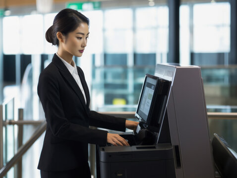 Asian-american business women use self-checkout devices in supermarkets