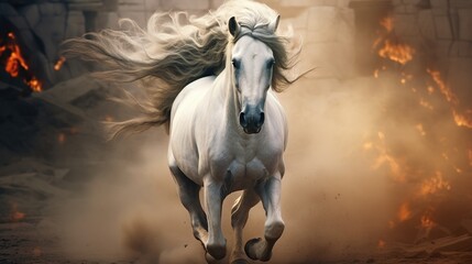 White horse running on dust fantasy background. AI generated image