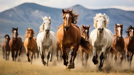 Horse herd running in dust against dramatic background. AI generated image - obrazy, fototapety, plakaty