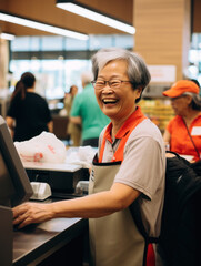 Fototapeta na wymiar Happy AsiAn-American female supermarket clerk