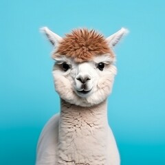 Alpaca face watch you with funny hair style. Alpaca with haircut isolated on bright background. Good for banner, poster, notebooks typography, cards