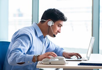 Male call-center operator in business concept