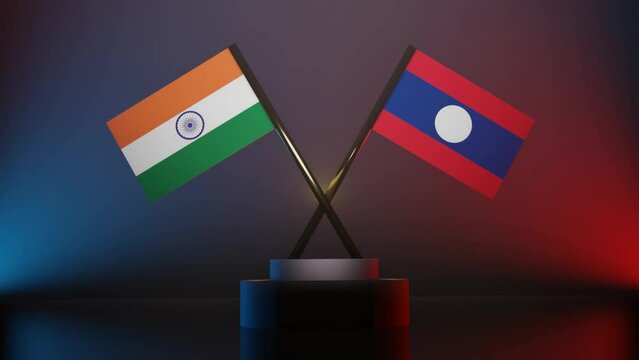 Laos And India Flags Crossed Together in dark blue and red Background, Laos vs India flags in 3D angle, Laos and India flag showing in Crossed