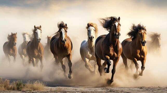 Horse herd running in dust against dramatic background. AI generated image