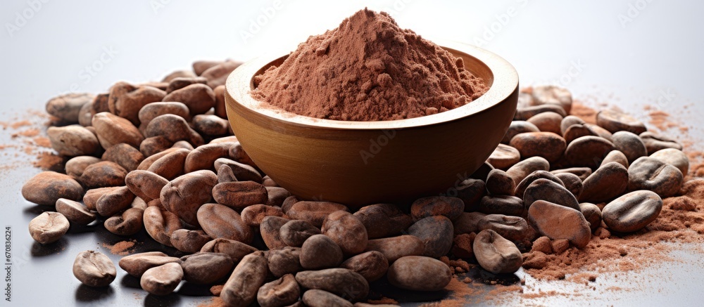 Poster cocoa powder with chocolate chunks on cocoa beans