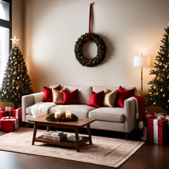 Christmas living room interior with Christmas tree and presents.