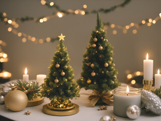 Fototapeta na wymiar A Christmas tree in new year cozy home interior decorations. Garlands and bokeh burning candle.