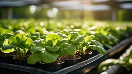 Green fresh natural lettuce plant seedlings growing in an environmentally friendly greenhouse