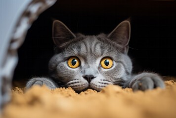 A grey cat with yellow eyes laying down. A Relaxing Grey Cat with Mesmerising Yellow Eyes