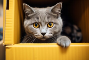 A grey cat with yellow eyes peeking out of a yellow box. A Curious Grey Cat Peeking Out of a Sunny Yellow Box
