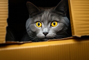 A grey cat with yellow eyes looking out of a cardboard box. A Curious Grey Cat Peering Out of a Cardboard Box