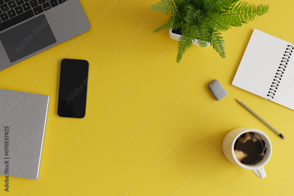Poster top view desk background with notebook and smartphone coffee laptop on yellow desk, 3d rendering