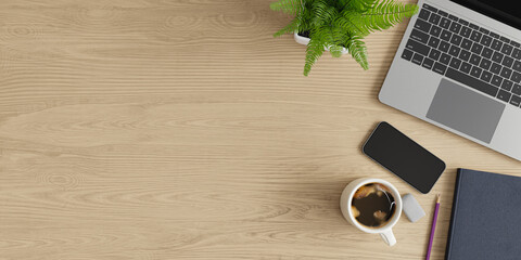Top view background with laptop, coffee, smartphone and small pot on wooden desk, 3d rendering