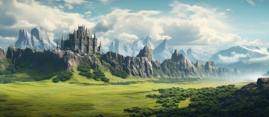 A three dimensional rendering of a majestic landscape adorned with a castle towering mountains and a cliff - obrazy, fototapety, plakaty