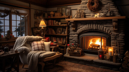 Fototapeta na wymiar A cozy living room with a fireplace and a comfortable armchair, hidden exposure method, knitted style