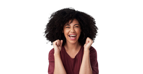 Winning, happy and portrait of a woman with excited, wow and omg expression for winning or success. Smile, excited and headshot of female model with wow gesture isolated by transparent png background - obrazy, fototapety, plakaty