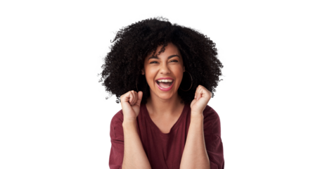 Winning, happy and portrait of a woman with excited, wow and omg expression for winning or success. Smile, excited and headshot of female model with wow gesture isolated by transparent png background
