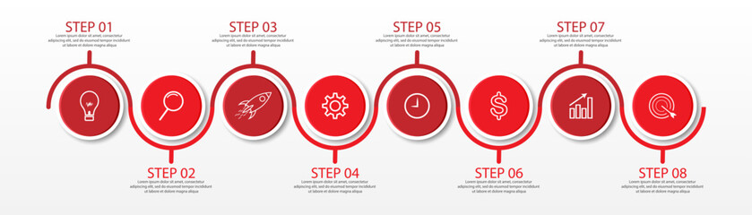 8 step infographic, simple infographic design consisting of eight interrelated parts, circle design combined with lines, icons and colors, good for your business presentation