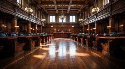 Courtroom for judicial hearings, concept of justice and compliance with laws, legislative power and courthouse