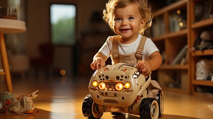 Little joyful child smiles and plays with a toy car in the room, the boy rides a car