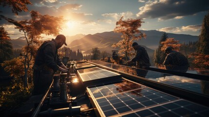 Male workers installing solar panels at a solar power plant, concept green energy and electricity, environmental protection, alternative energy and ecology - obrazy, fototapety, plakaty