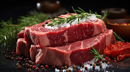 Juicy fresh red raw meat steaks lies on a cutting board in seasonings and pepper ready for cooking