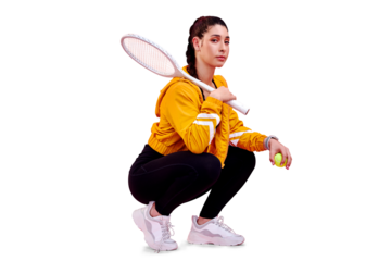 Portrait, fitness and tennis with a sports woman isolated on a transparent background for health or training. Exercise, racket and ball with a young female athlete or player on PNG for a workout