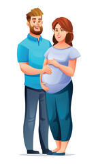 Happy pregnant wife hugging her belly with her husband, waiting for a baby. Vector cartoon character illustration