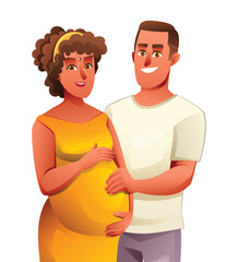 Fototapeta premium Happy pregnant woman hugging her belly with her husband, expecting for baby concept. Vector cartoon illustration
