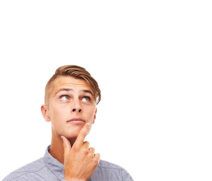 Face, thinking and man looking up for ideas isolated on transparent png background to remember questions in mind. Male model, memory and solution of decision, problem solving and planning inspiration