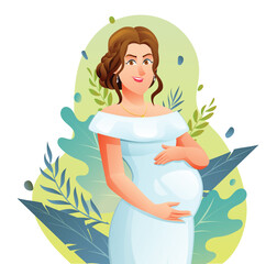 Happy pregnant woman hugging her belly on natural background with leaves. Vector cartoon illustration