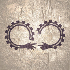 Human hands reaching out to one another, almost touching. Help concept. Business relative words on the mechanism of gears.