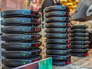 Stacks of wireless restaurant pager, buzzers or beepers at the counter of a cafe. An Electronic Restaurant Guest Paging System.